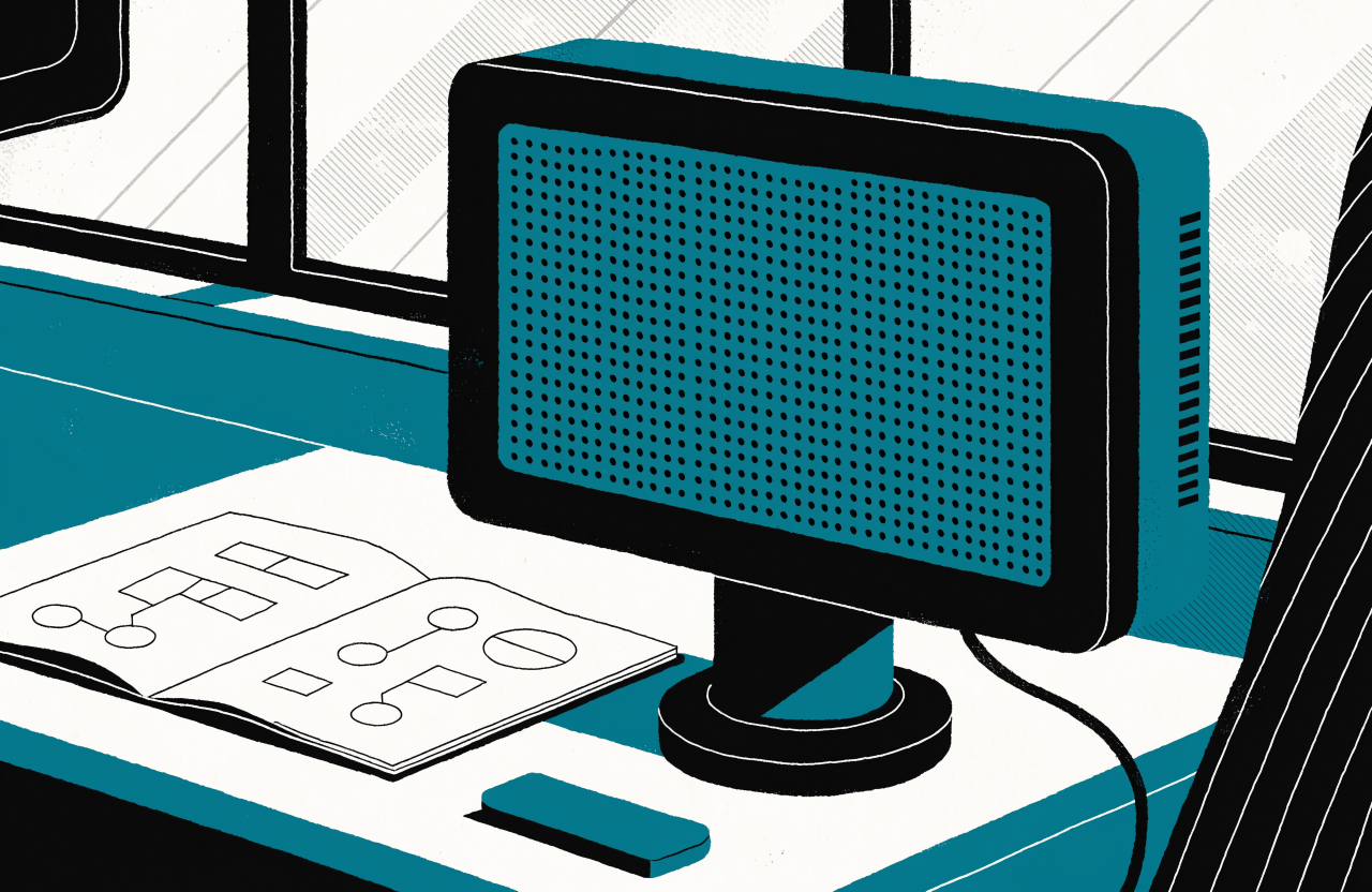Un monitor como volumen sobre un escritorio con un cuaderno de esquemas de base de datos y un objeto teal, con luz del norte.